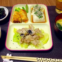 Snapdishの料理写真:豚肉💕めんつゆ焼き、冷奴、にんじん卵焼き、ほうれん草の味噌汁、ナスの煮浸し|つもつも♥️さん