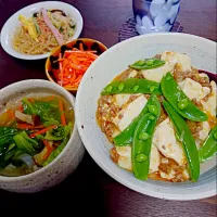 Snapdishの料理写真:2016.3.21 
＊麻婆豆腐丼
＊中華野菜スープ
＊ニンジンラペ
＊春雨サラダ（市販のもの）|kira_ringさん