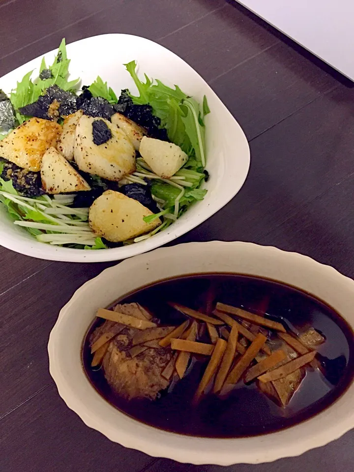 鯖煮込、水菜と長芋のわさびサラダ|あべいずみさん