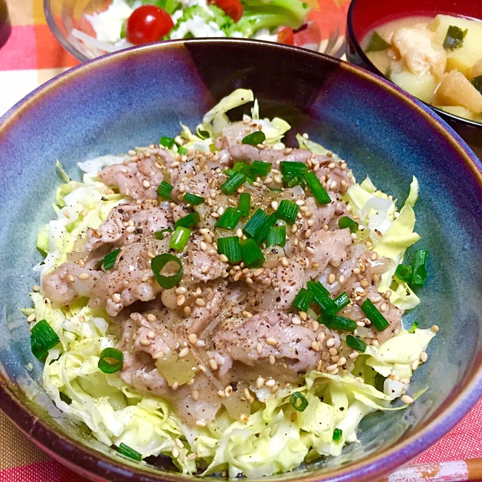 ネギ塩豚丼せん切り春キャベツのっけ|カウンター嬢さん