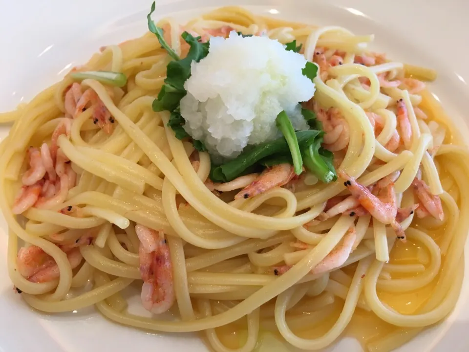 Snapdishの料理写真:桜海老の柚子胡椒パスタ@新車にダークフィルムを貼りにくるときの待ち時間でしか来ない世田谷船橋のデニーズにて|sniper66さん