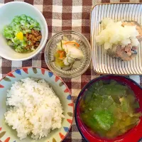 鯖の水煮缶  納豆  レタスの味噌汁|柏もちだよさん