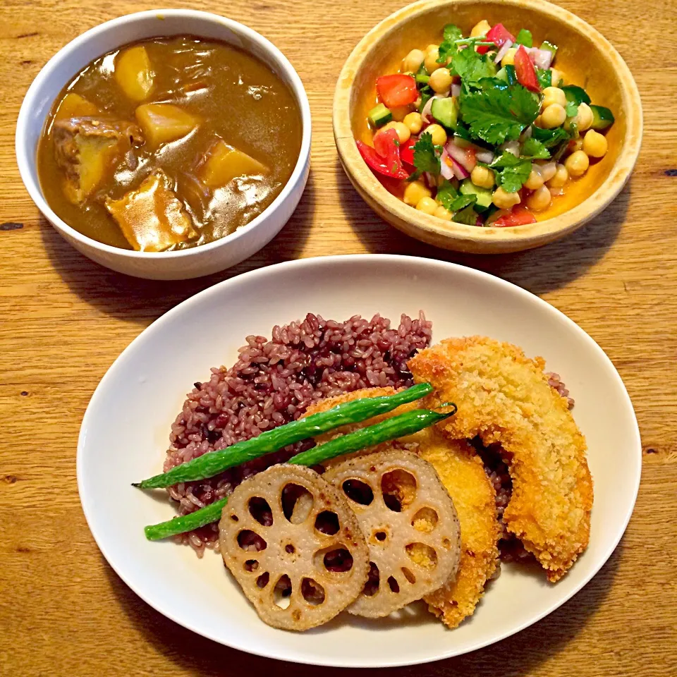 Snapdishの料理写真:vegan車麩カツカレー
ひよこ豆とパクチーのサラダ|makiko_aさん