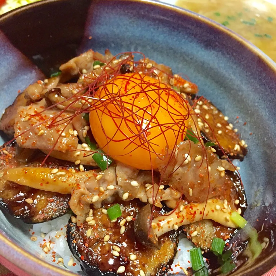 茄子のトロトロ照り焼き カリカリ豚のっけ丼|カウンター嬢さん