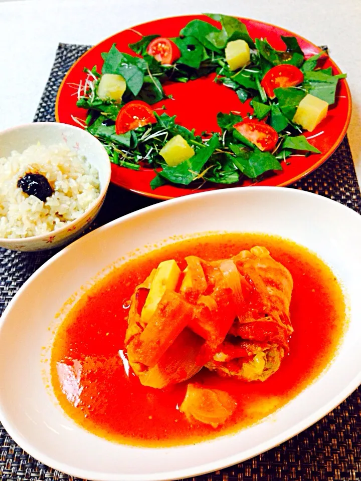 今日の晩御飯/ロールキャベツ＆トマトとパイナップルのサラダ＆液体塩麹と麺つゆでしじみと生姜の炊き込みご飯|BabyRIKAさん