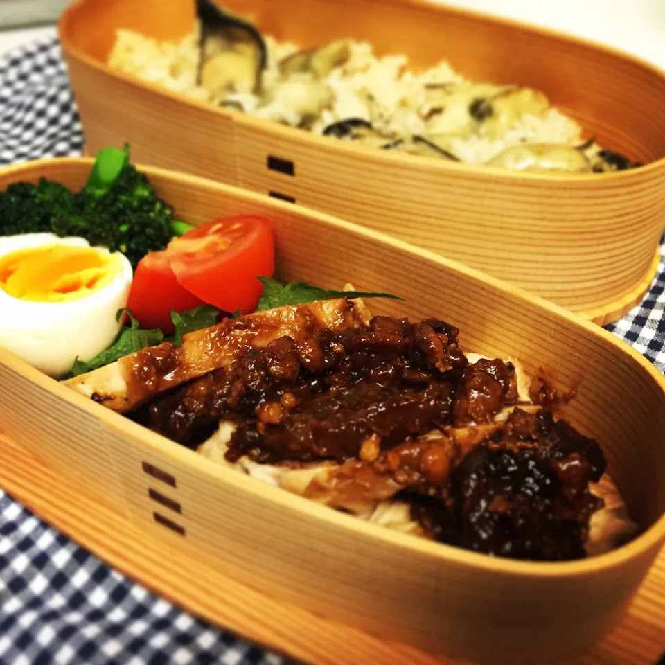 昨日のお弁当。日生の牡蠣で牡蠣ごはん、鶏の金山寺味噌漬蒸焼き、酢煮卵。|Junさん