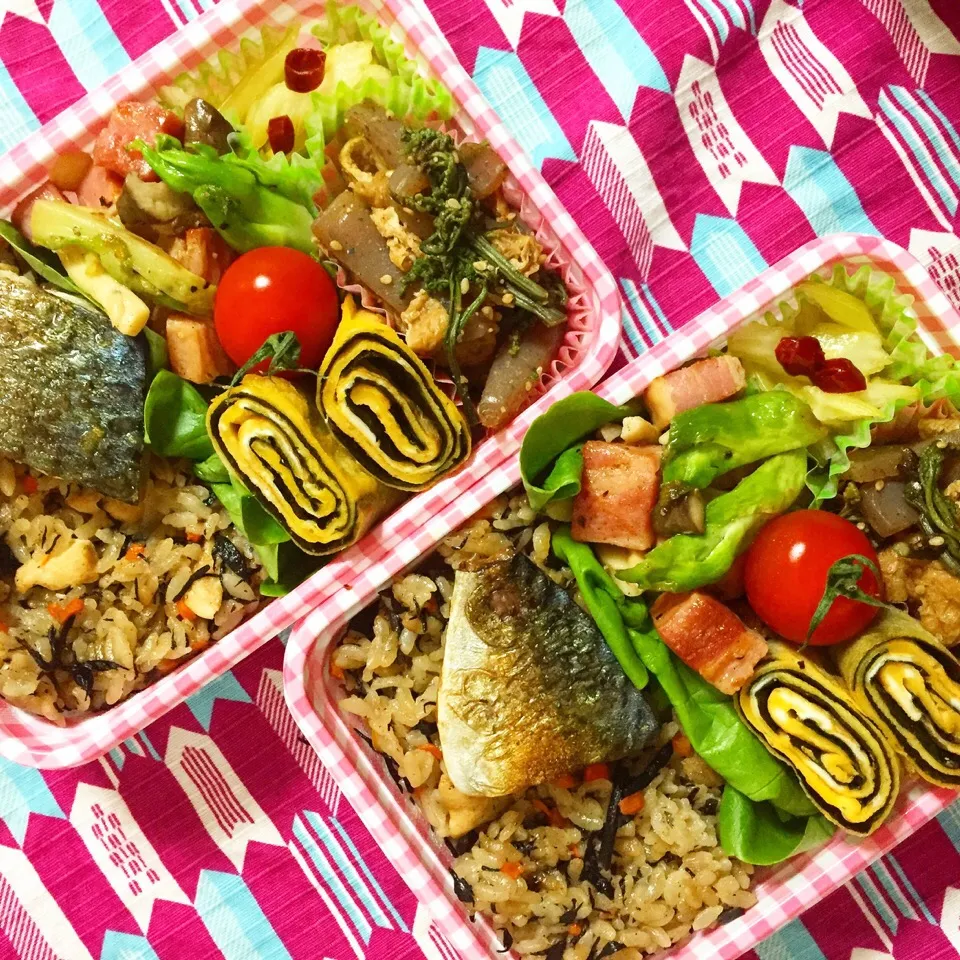 ヘルシー弁当♪
ひじきごはん
ベーコンとアーサイの炒め物
セロリの甘酢
ワラビと薄揚げの煮物
焼き鯖
卵焼き|Yukako Nishimuraさん