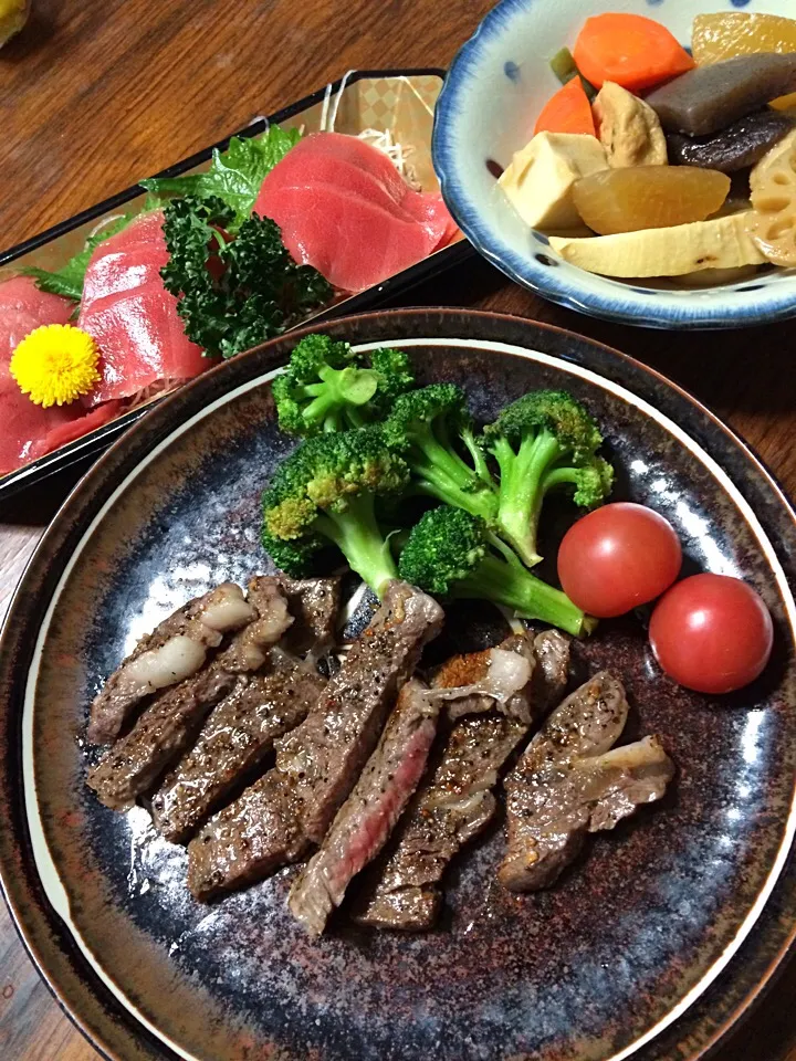 3/23の晩ご飯…肉ー！刺身ー！煮しめー！|hiroさん