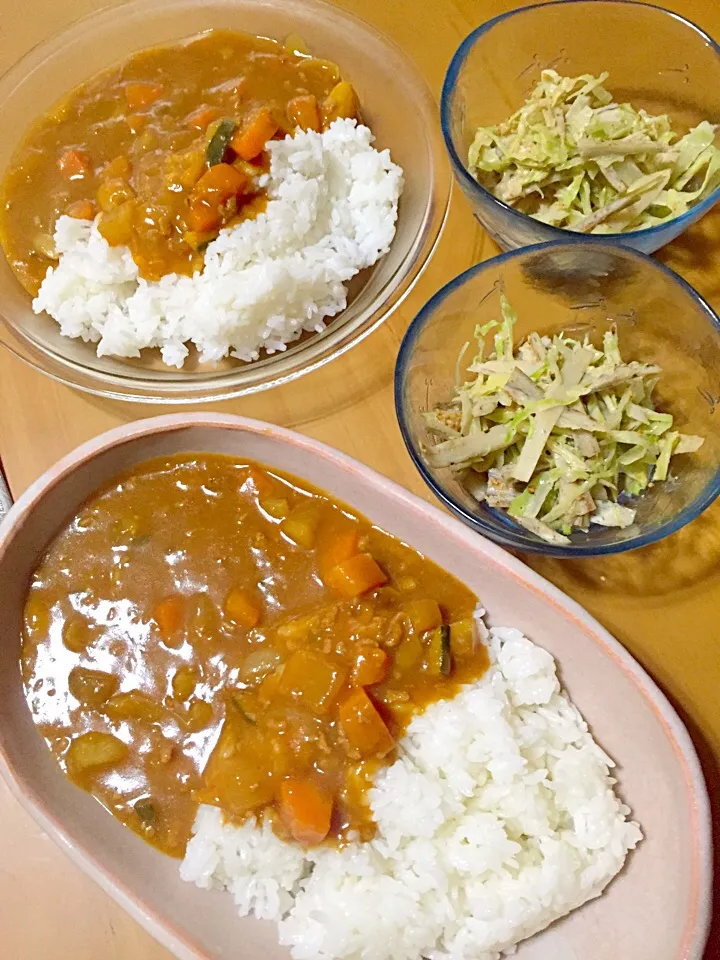 野菜たっぷりキーマカレーとキャベツandごぼうサラダ(▰˘◡˘▰)|さくたえさん