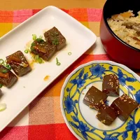 こんにゃく三昧（ステーキ、煮物）
炊き込みご飯|にもさん