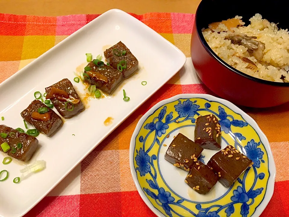 こんにゃく三昧（ステーキ、煮物）
炊き込みご飯|にもさん