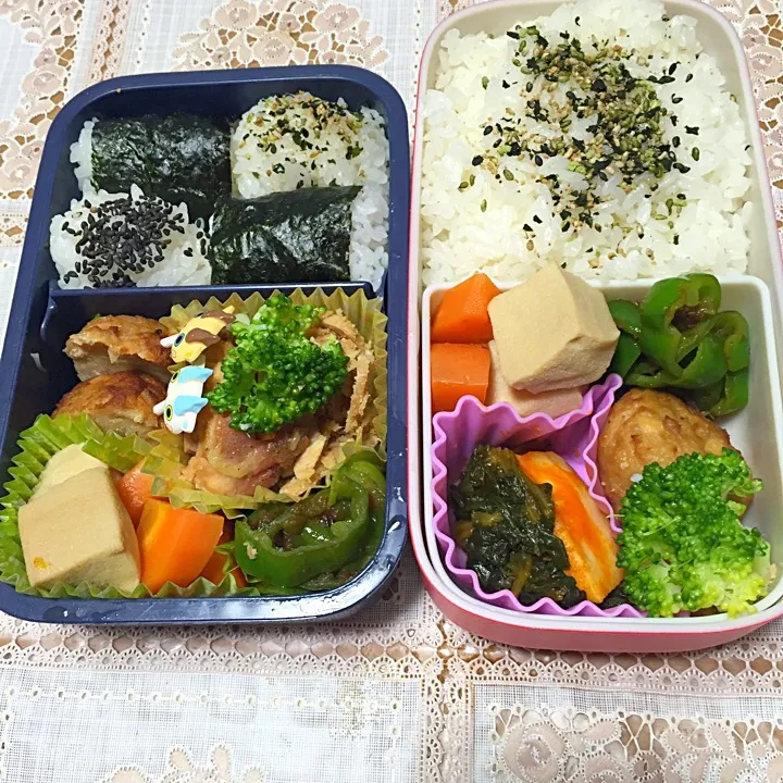 お弁当 たわらむすび、つくね、高野豆腐と人参の煮物、ピーマンおかかポン酢和え、イカのケチャップ炒め|Sawaさん