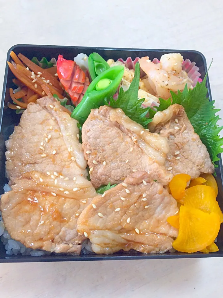 Snapdishの料理写真:男子弁当 豚生姜焼き弁当だよぉ〜|Booパパさん