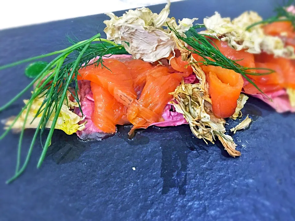 Snapdishの料理写真:Orange marinated Salmon with Pink Radicchio, green Apple sauce and dehydrated Fennel on top|laura giardinaさん