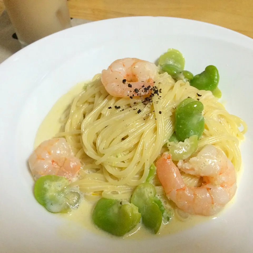 海老と空豆のカルボナーラ|やまださん