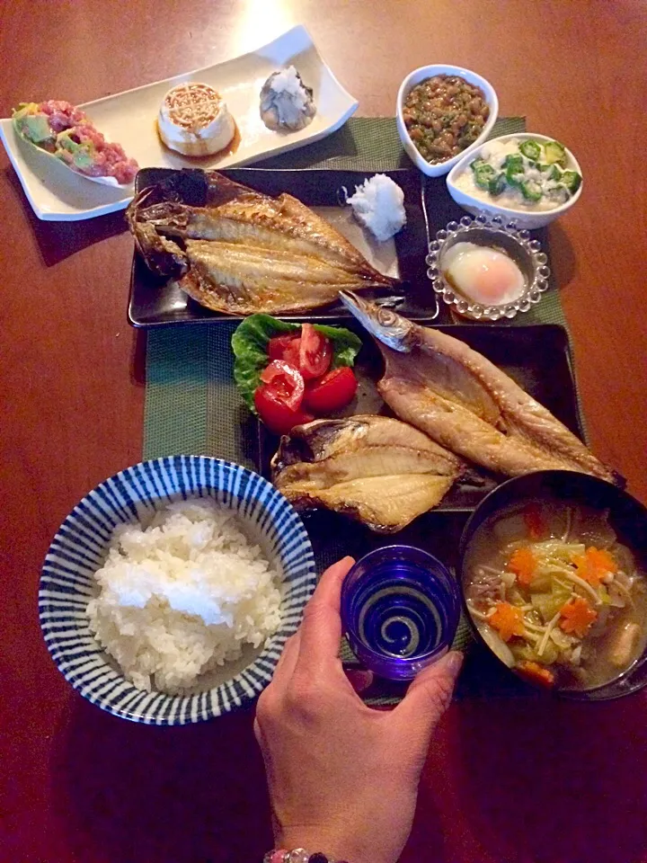 Today's Dinner🍴前菜･鯵･かます&えぼ鯛の干物焼き･豚汁･めかぶ納豆･ｵｸﾗ大和芋&温泉卵･白飯|🌈Ami🍻さん