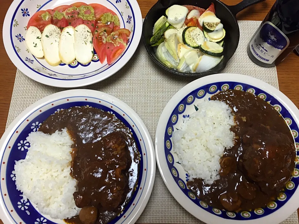 野菜グリル、カプレーゼ、牛テールカレー(ふるさと納税)、スモークモッツァレラ(ふるさと納税)|hhhさん