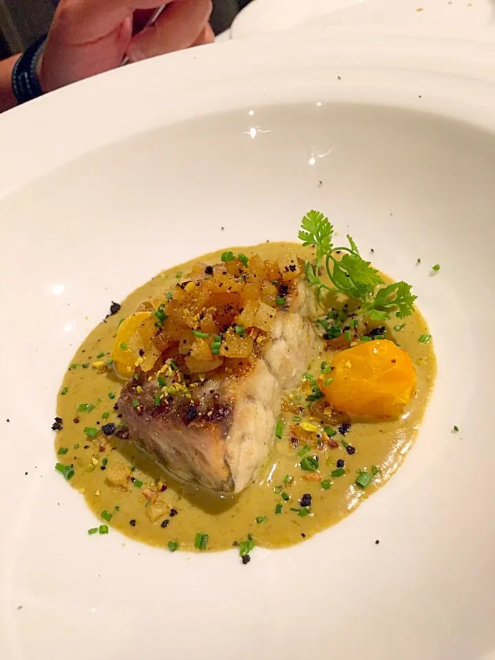 Grilled Barramundi Filet With Potatoes Brunoise & Pistachio Sauce.|Agnes Chandraさん