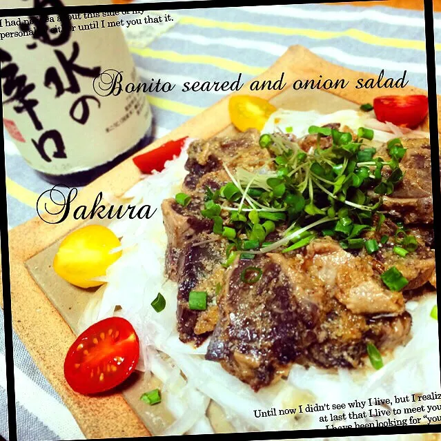 Snapdishの料理写真:みったんさんの料理 カツオたたきのビールにも合う❤︎白いご飯にも合う❤︎胡麻酢薬味和え〜新玉たっぷり敷いてね♡|さくちんさん