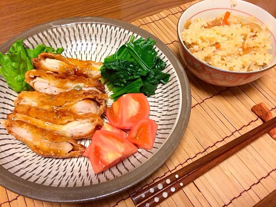 Snapdishの料理写真:チキンの照り焼き南蛮＊炊き込みご飯|acoさん