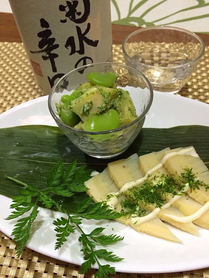 朝掘りたけのこ 空豆とゴマ和え. 穂先はお刺身で🌿🌿🌿|🌿ぴぴさん