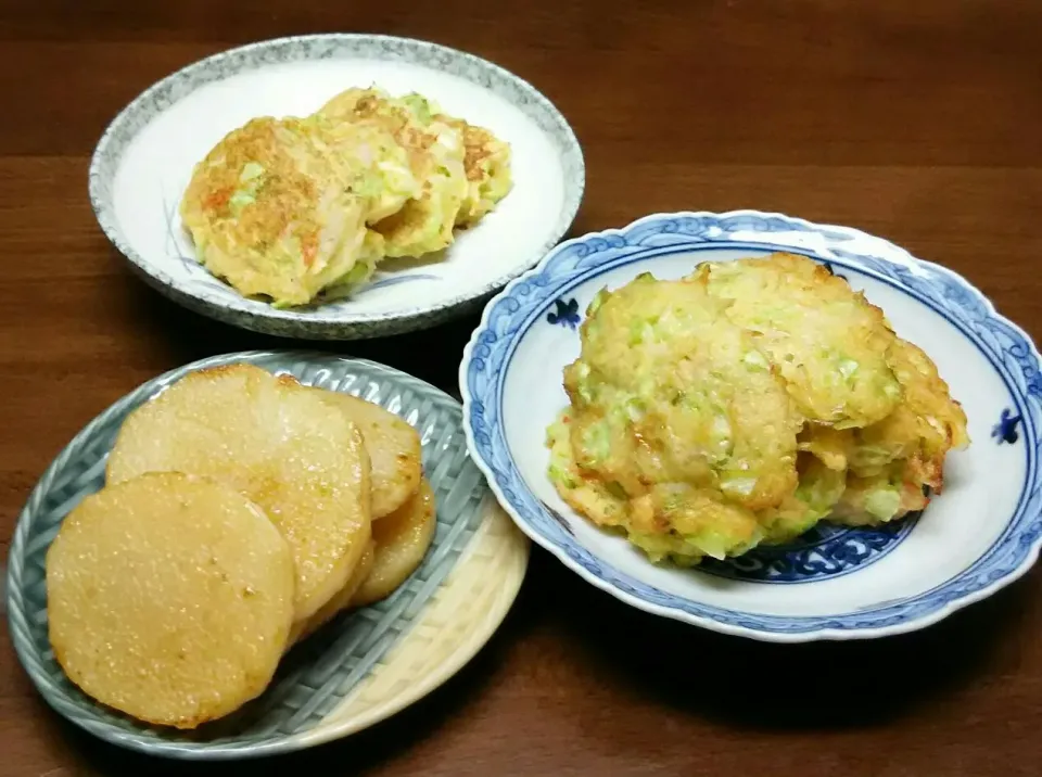 長芋 ごま油醤油焼き お好み焼き風に焼いたのと揚げたの|あらいぐまのしっぽさん