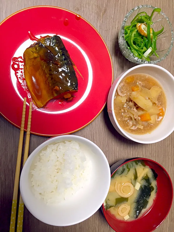 Snapdishの料理写真:3月28日❁︎和食❁︎
ごはん
鯖の味噌煮
肉じゃが
ピーマン胡麻油和え
みそ汁|ちびゆいさん