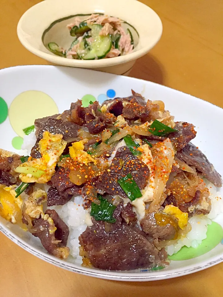 牛とじ丼＆ツナとキュウリのサラダ(∗ ❛ั ᵕ ❛ั )੭່Խ✦*∘|さくたえさん