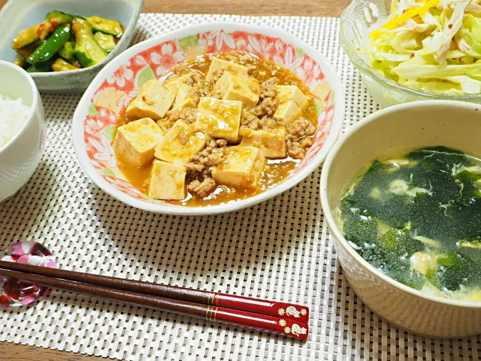 ☆麻婆豆腐
☆きゅうりのピリ辛和え
☆キャベツとささみのマスタードサラダ
☆わかめスープ|なべちゃんさん