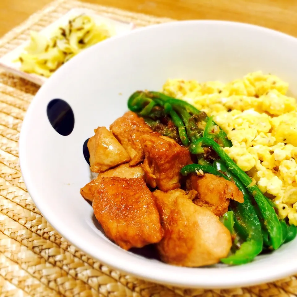 三色丼☆
鶏照り焼き
おかかピーマン
炒り卵
箸休めに！
キャベツの昆布和え|skyさん