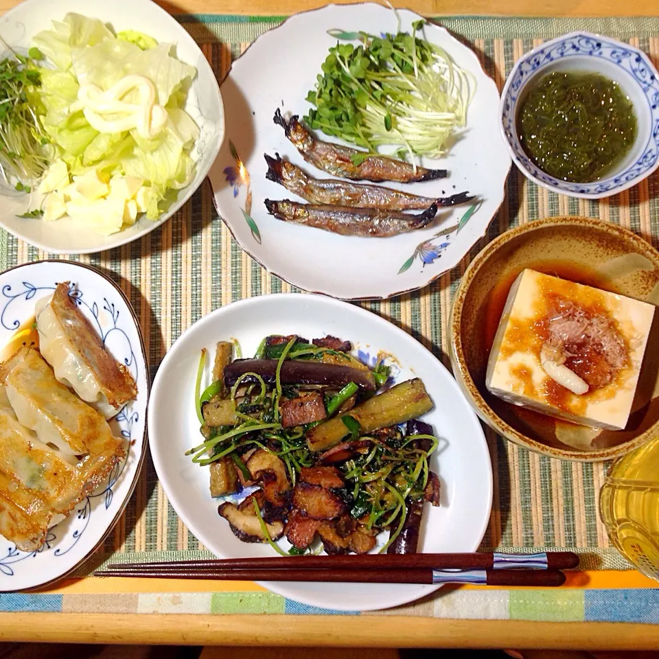 ナス味噌炒め、餃子、シシャモ|shozuuさん