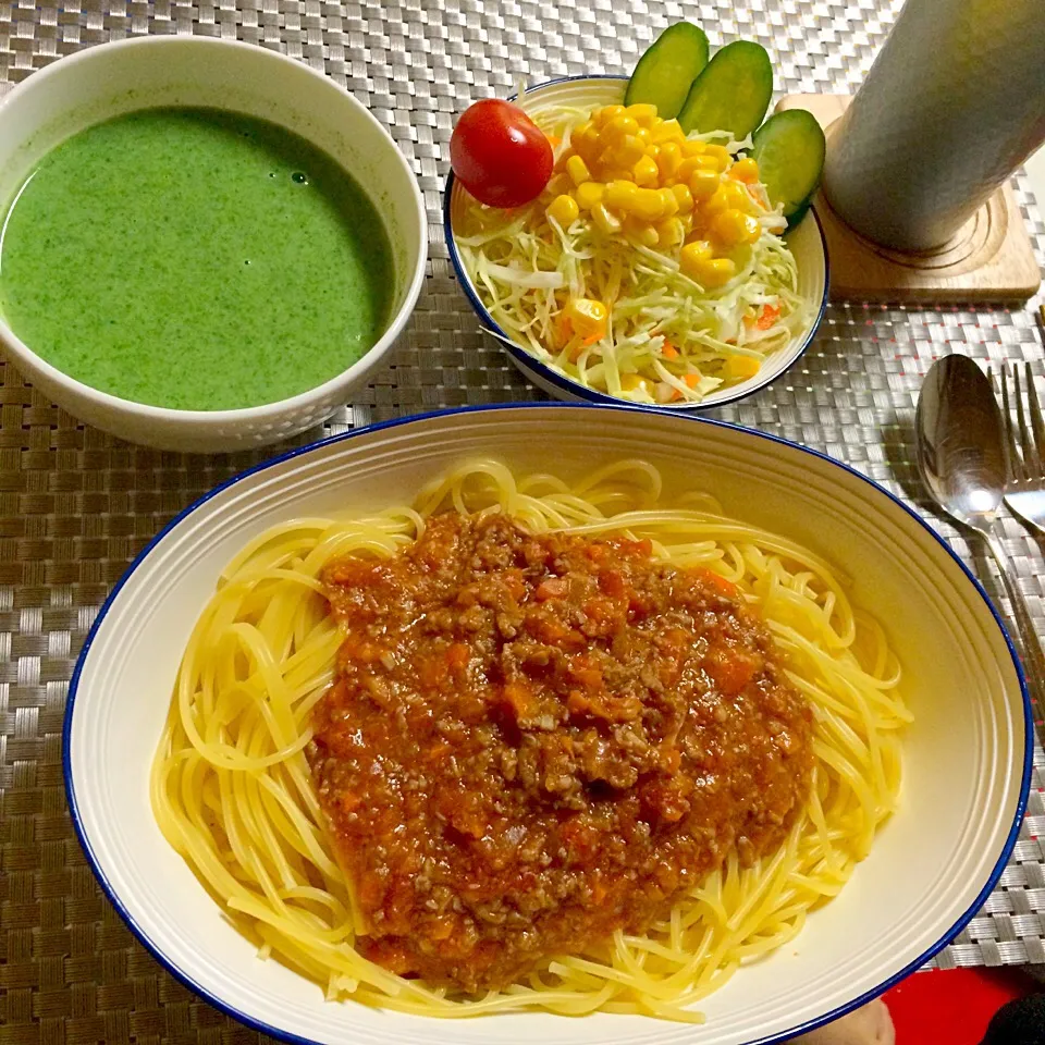 今日の夜ごはん

○ミートソースパスタ
○コールスローサラダ
○ほうれん草のポタージュ

ブレンダー大活躍！！
今日は微塵切りにもポタージュにも使えて、かなりの時間短縮してる♡|えりえいたさん