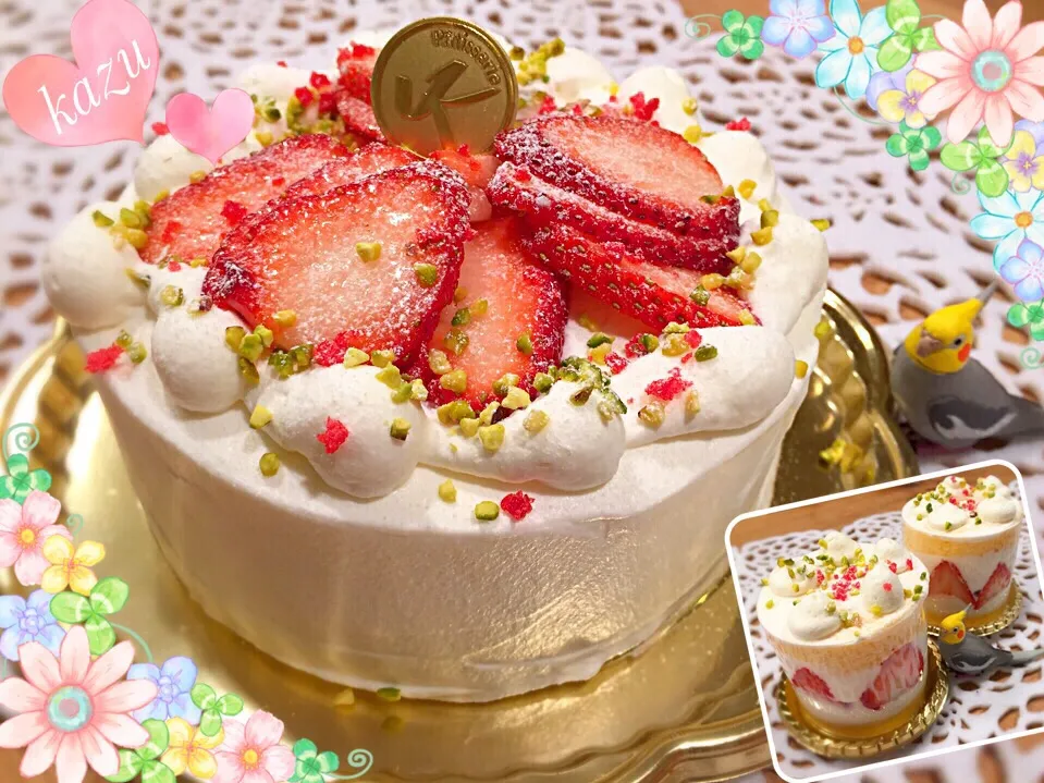 りずむさんの料理 シフォンロールケーキで、苺🍓のショートケーキ💕|kazu★さん