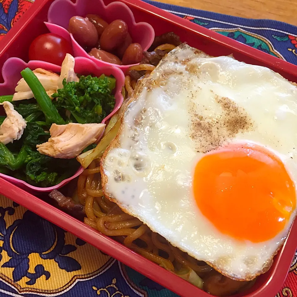 焼きそばの目玉焼きのせと菜の花と鶏ささみの辛子漬け弁当|もえさん