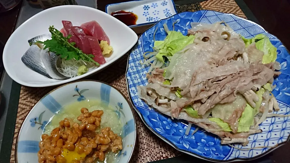 こはだと鰹の刺身&おろし納豆&豚バラの野菜蒸し|まぐろさん