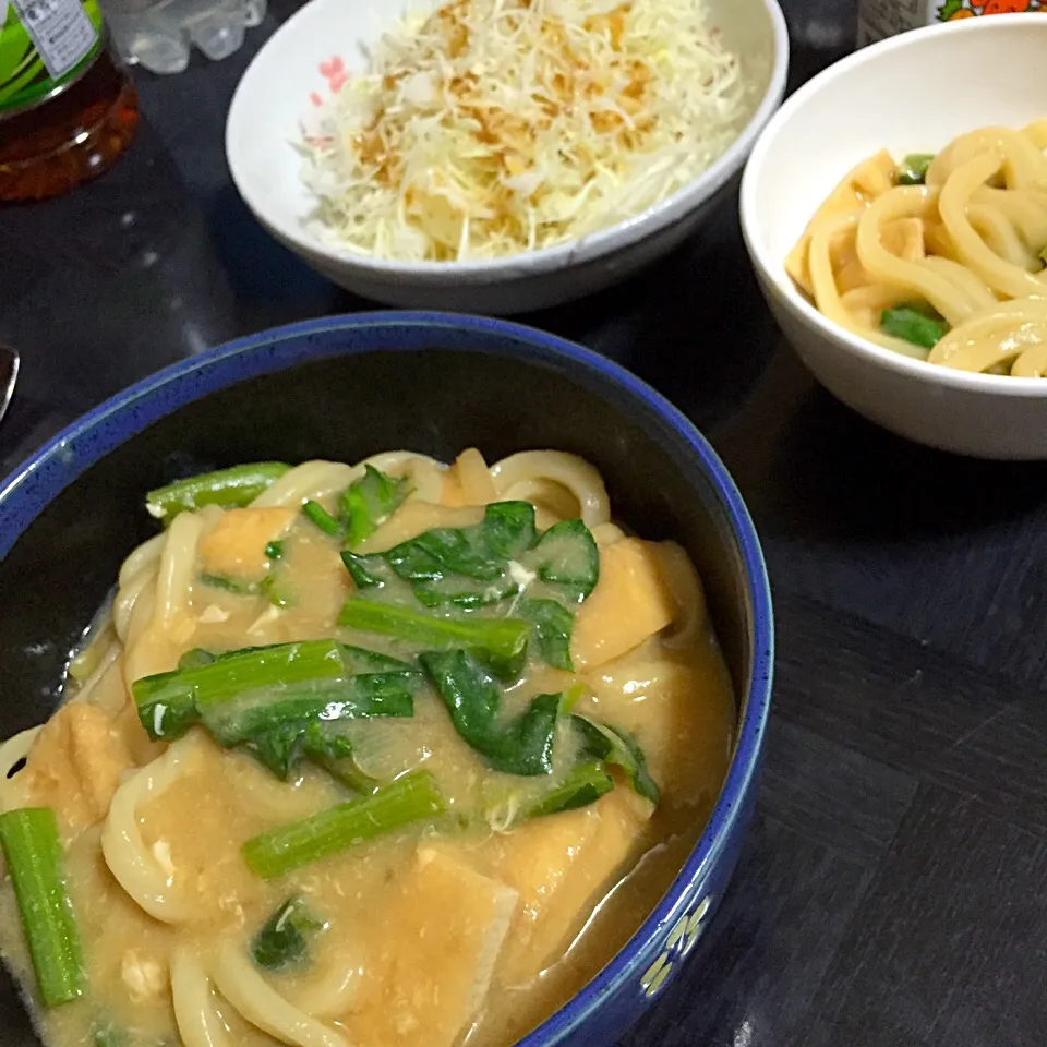 今日の晩ご飯は、菜花とおあげさんのかきたまあんかけうどん、キャベツの千切りサラダ。|ゆえさん