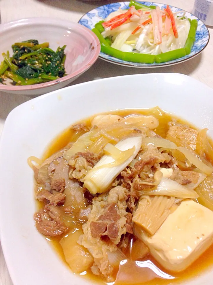 松茸風味のすき焼き煮、アスパラとタマネギサラダ|あやにん食堂さん