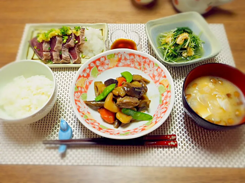 ☆筑前煮
☆かつおのたたき
☆水菜の煮浸し
☆なめこと豆腐のお味噌汁|なべちゃんさん