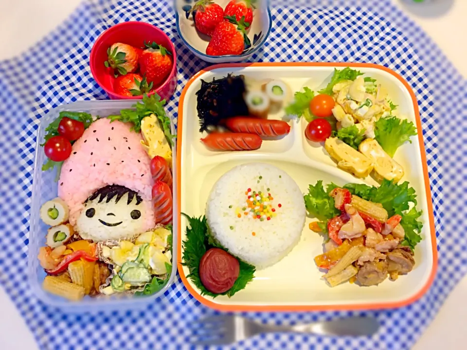 学童弁当🍀10日目！
長男は今日から置きランチ。
苺ちゃん、難しくて時間かかり過ぎた💦|なかじー。さん