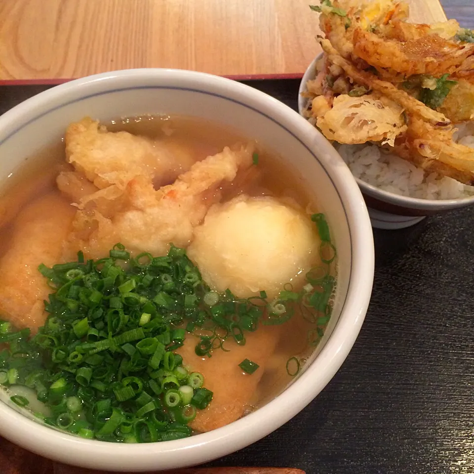 贅沢三昧(とり天、たまご天、大判きつね)＋ミニかき揚げ丼@だん助(葉山)|塩豚骨さん