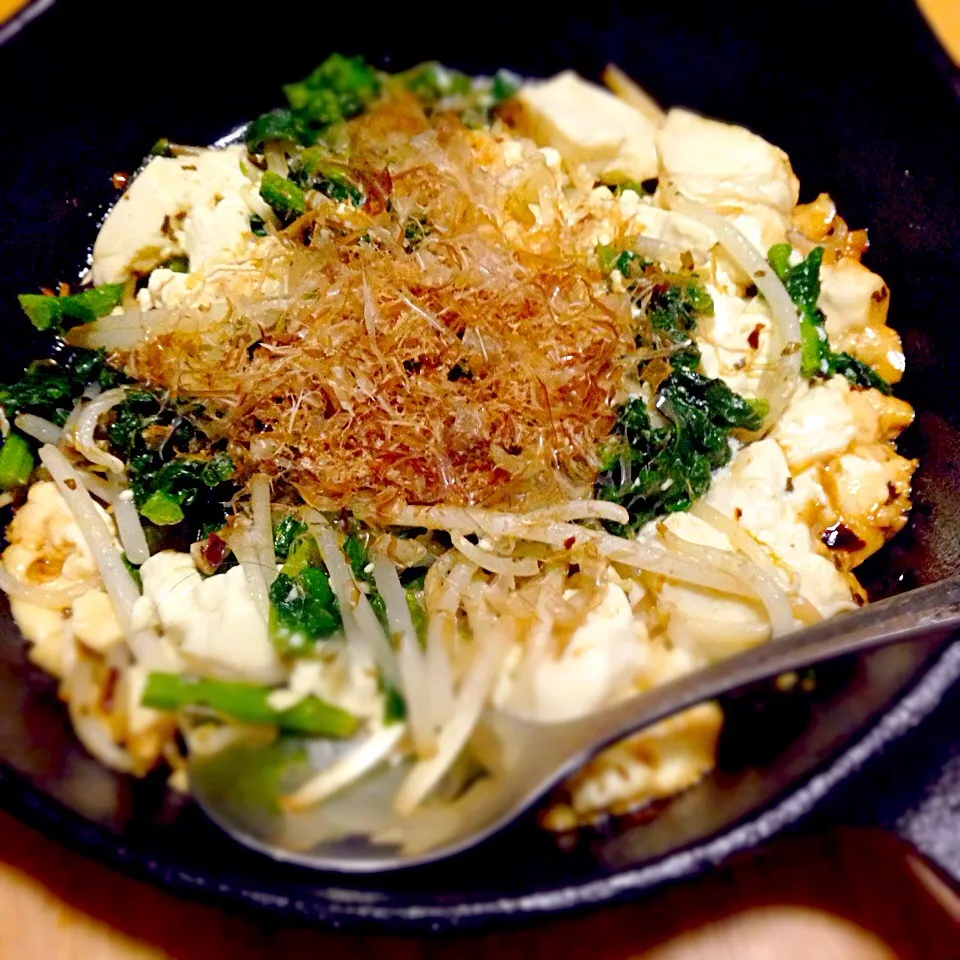 菜の花とモヤシを具材に、ペペロンチーノな豆腐チャンプルーヾ(＠⌒ー⌒＠)ノ|こなちゅんさん