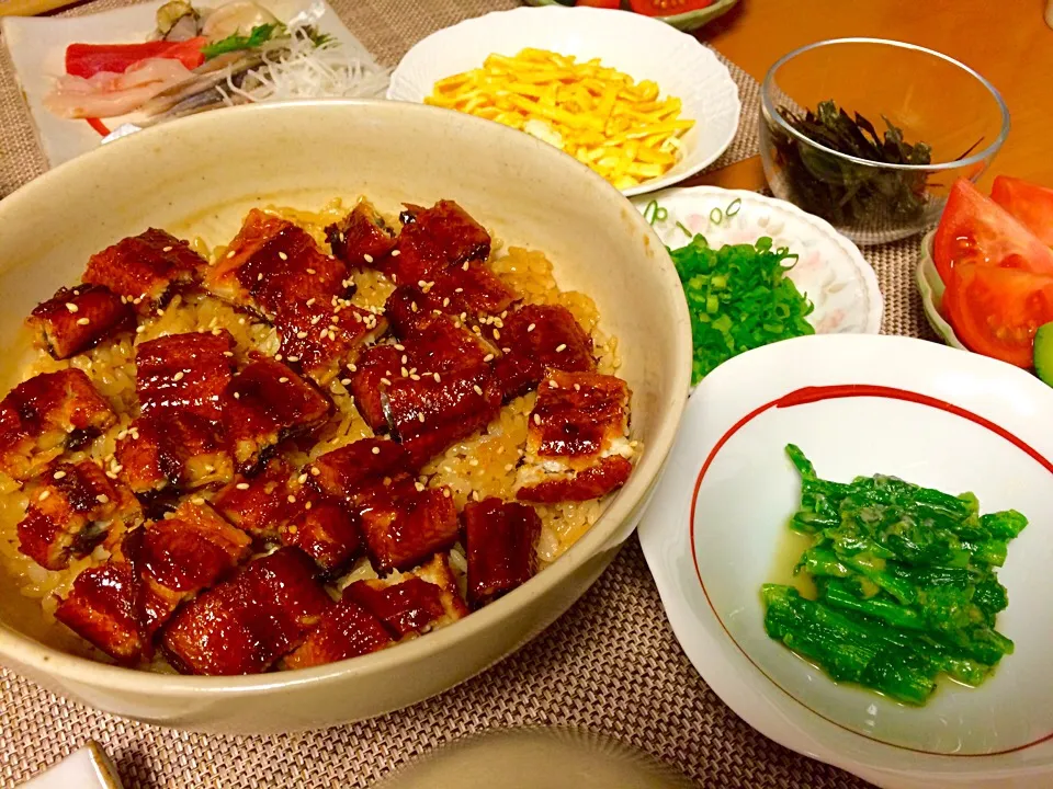 鰻のひつまぶし、菜の花酢味噌和え|Jun  Sakamotoさん