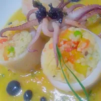 Snapdishの料理写真:squid stuffed with couscous in shrimp  and squid ink veloute|hungry_picassoさん