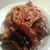 Snapdishの料理写真:fried rib tips and ground beef spaghetti plus honey bbq wings|teresa whiteさん