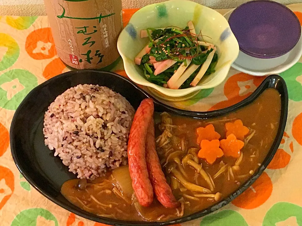 ひき肉とキノコのカレー
トッピングにグリルソーセージ
蒲鉾と三つ葉の山葵醤油和え
風さやかの十六穀米(長野のお米)
みむろ杉 純米吟醸 露葉風|藤井裕之さん