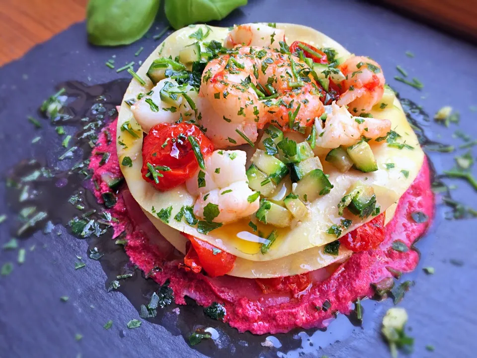 Shrimp Lasagna, Courgettes and Tomato Confit on creamy Beetroot sauce|laura giardinaさん