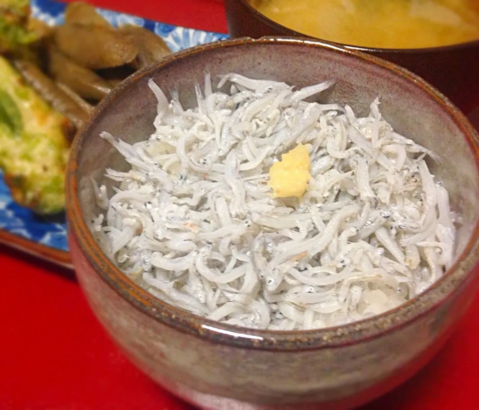 単身赴任の晩ごはん  釜揚げシラス丼 竹輪磯辺揚げ ごぼう煮 味噌汁|ぽんたさん