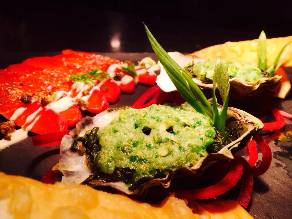 Beet cured sockeye salmon. Wasabi pea Motoyaki oyster|shaun spoonerさん