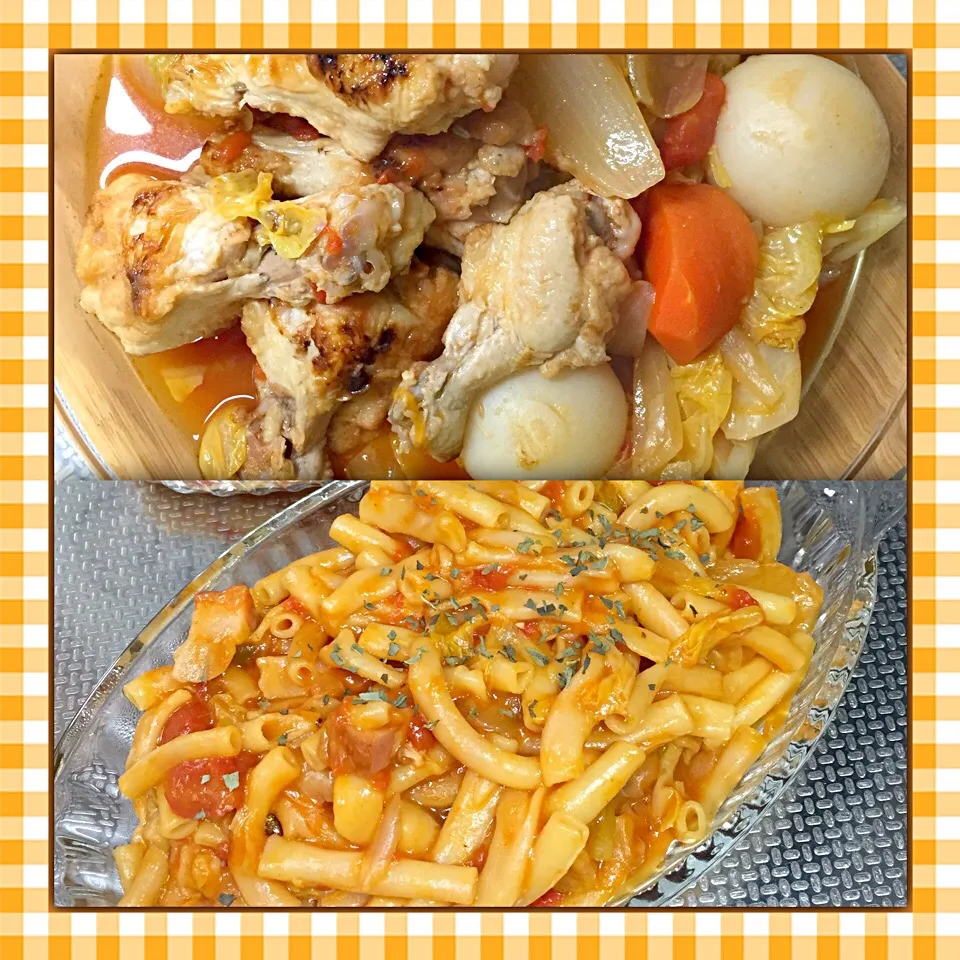 Snapdishの料理写真:手羽元と春キャベツ・根菜のトマト煮→トマトソースパスタにリメイク|トーコさん