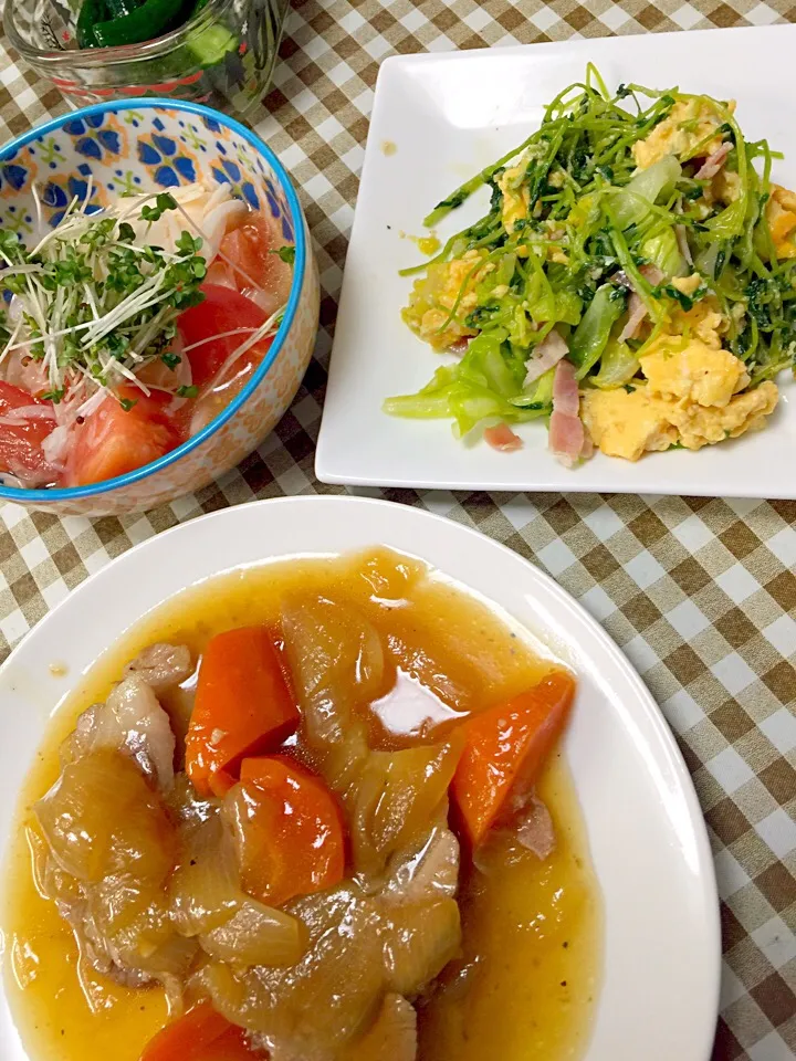 煮豚🍀新玉&トマトオリーブ和え🍀豆苗と新キャベツのフワフワ卵炒め|☆光るさん